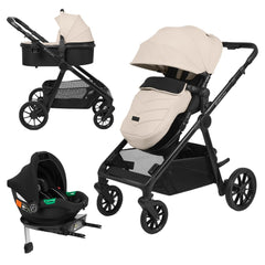 Ickle Bubba VIRGO Twin Travel System - Stone - showing the pram, pushchair and car seat