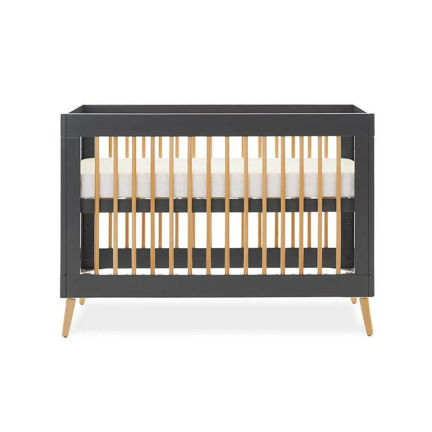 Obaby Maya Mini Cot Bed (Slate with Natural) - showing the cot with its mattress base at the highest level (mattress not included, available separately)