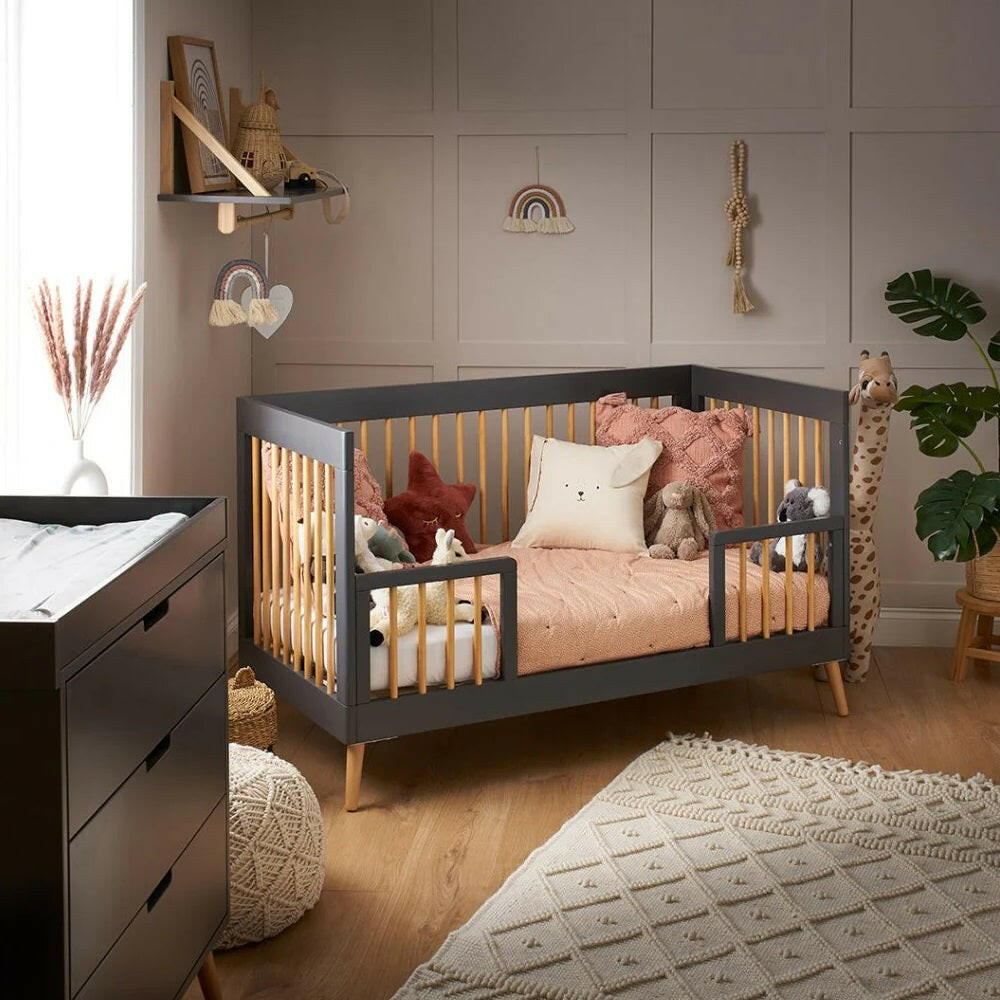 Obaby Maya Mini Cot Bed (Slate with Natural) - lifestyle image (soft toys, bedding and changing unit not included)