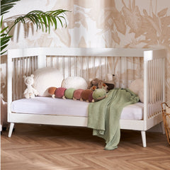 Obaby Maya Cot Bed (White with Acrylic) - shown here with its front panel removed for use as a junior or sofa bed