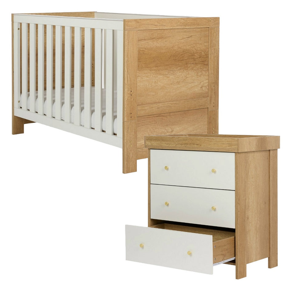 Obaby Nika 2 Piece Nursery Furniture Set Oak & White - Cot Bed & Changing Unit