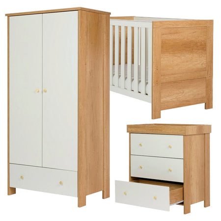 Nika 3 Piece Nursery Furniture Set Oak & White - Cot Bed, Changing Unit & Wardrobe