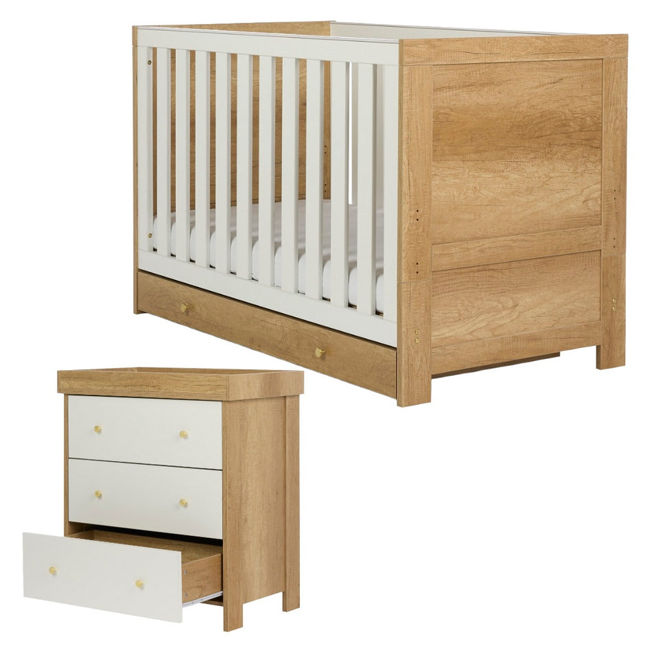 Obaby Nika 2 Piece Room Set - Oak & White - cot bed and changing unit