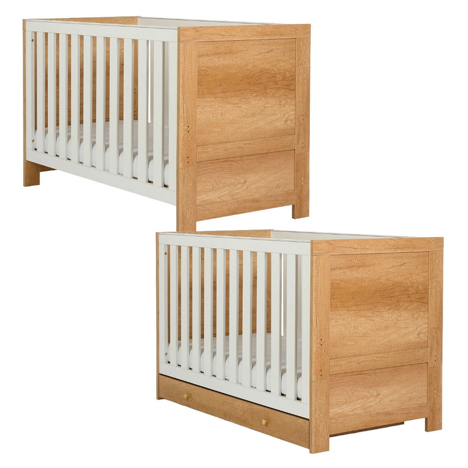 Obaby Nika Cot Bed Oak & White with and without optional drawer