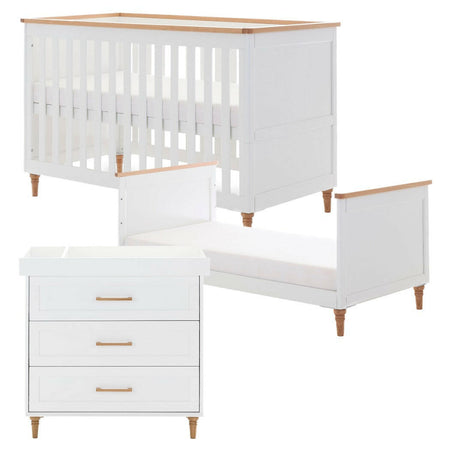 Obaby Orla 2 Piece Room Set - White with Oak - showing the cot, junior/toddler bed and changing unit