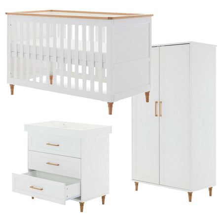 Obaby Orla 3 Piece Room Set - White with Oak - showing the cot bed, changing unit and wardrobe