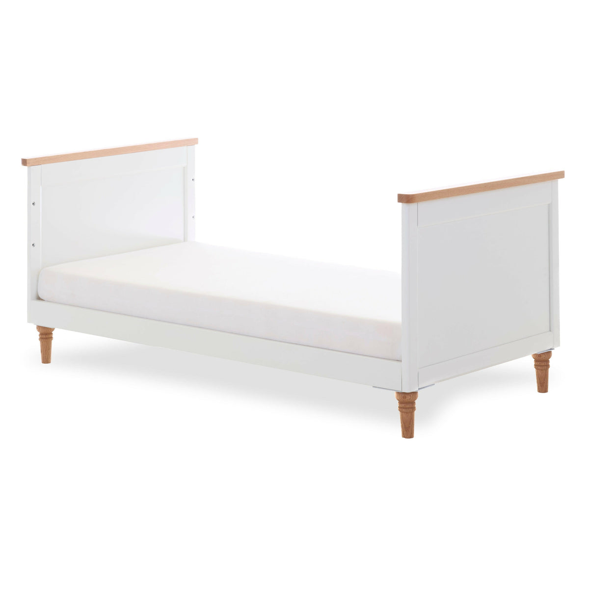 Obaby Orla Cot Bed - White with Oak - shown converted into junior/toddler bed
