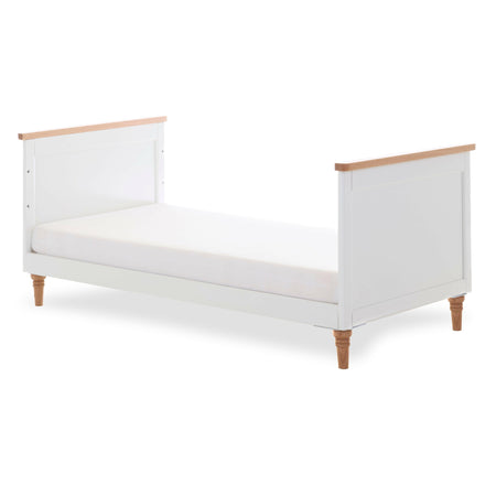 Obaby Orla Cot Bed - White with Oak - shown converted into junior/toddler bed