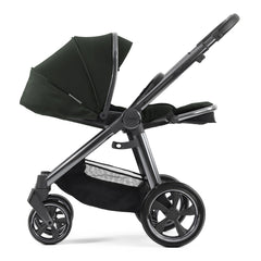 BabyStyle Oyster 3 Gunmetal LUXURY Bundle (Black Olive) - showing the pushchair with its seat reclined and leg rest raised