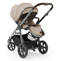 BabyStyle Oyster 3 Gunmetal LUXURY Bundle (Butterscotch) - showing the seat unit and chassis together as the pushchair in parent-facing mode