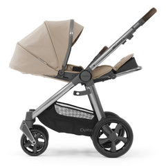 BabyStyle Oyster 3 Gunmetal LUXURY Bundle (Butterscotch) - showing the pushchair with its seat reclined and leg rest raised