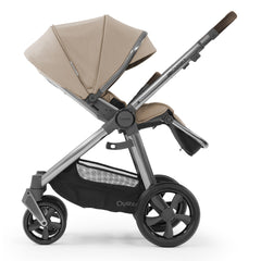 BabyStyle Oyster 3 Gunmetal ESSENTIAL Bundle (Butterscotch) - showing the pushchair with its hood extended and its sun visor lowered