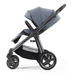 BabyStyle Oyster 3 Gunmetal ESSENTIAL Bundle (Dream Blue) - side view, showing the forward-facing pushchair with its seat upright