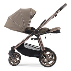 BabyStyle Oyster 3 Bronze LUXURY Bundle - 7 Piece (Mink) - showing the parent-facing pushchair with its seat fully reclined and leg rest raised