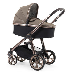 BabyStyle Oyster 3 Bronze LUXURY Bundle - 7 Piece (Mink) - showing the carrycot and chassis together as the pram