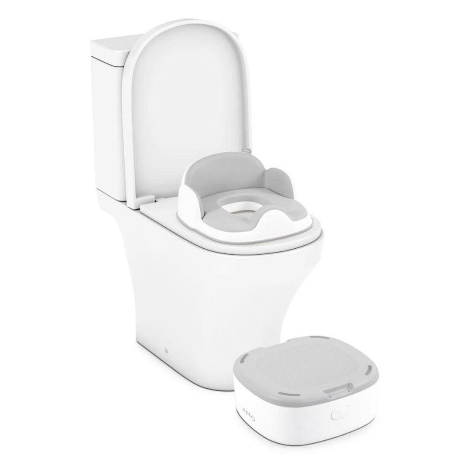 BabyStyle Oyster 4in1 Potty - White - seat unit and stool - being used with adult toilet