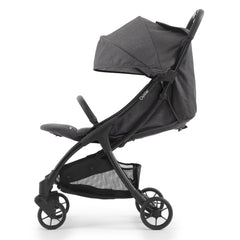 BabyStyle Oyster Pearl Stroller (Fossil) - side view, showing the stroller with its seat back reclined, hood lowered and leg rest raised