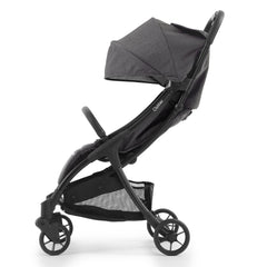BabyStyle Oyster Pearl Stroller (Fossil) - side view, showing the stroller with its seat back upright and leg rest lowered