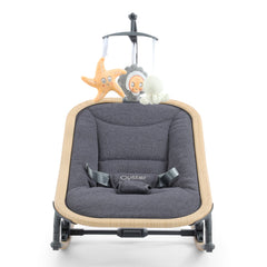 BabyStyle Oyster Rocker (Fossil) - showing the rocker`s padded seat and safety harness