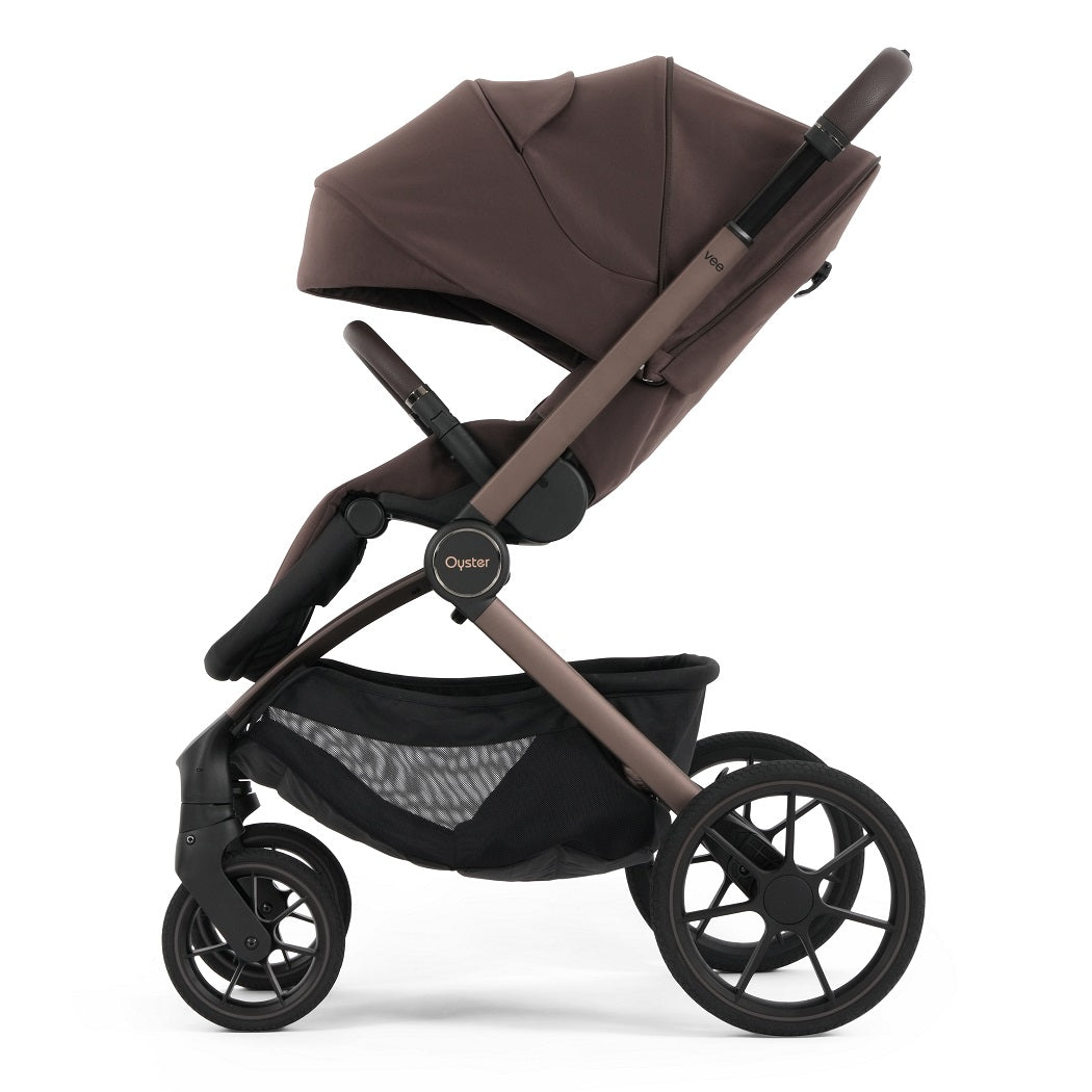 Oyster Vee Pushchair - Chocolate - side view, forward-facing with hood fully extended