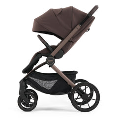 Oyster Vee Pushchair - Chocolate - side view, forward-facing with hood fully extended