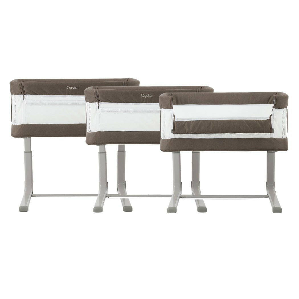 BabyStyle Oyster Wiggle Co-Sleeper Bedside Crib - Mink - front view, various heights