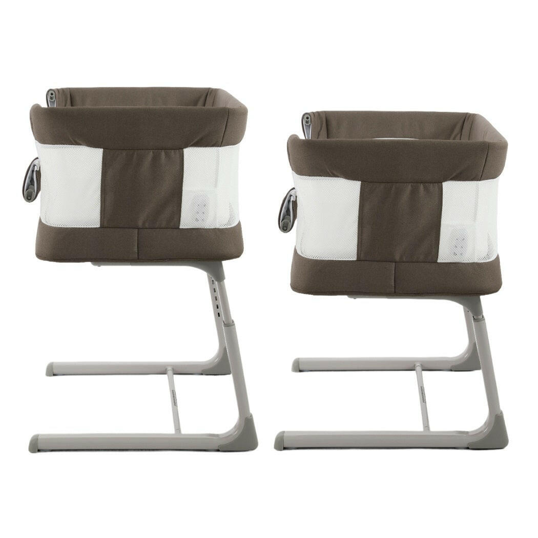 BabyStyle Oyster Wiggle Co-Sleeper Bedside Crib - Mink - end view at different heights
