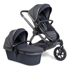 iCandy Peach 7 Pram Pushchair - All-Terrain Storm - showing the carrrycot and forward-facing pushchair in three wheel mode