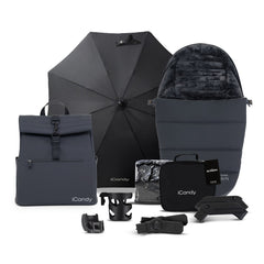 iCandy Peach 7 Pram Pushchair Complete Bundle - All-Terrain Storm - showing the included accessories