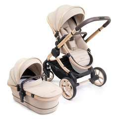 iCandy Peach 7 Pram Pushchair Complete Bundle (Biscotti) - showing the carrycot and the pushchair in parent-facing mode