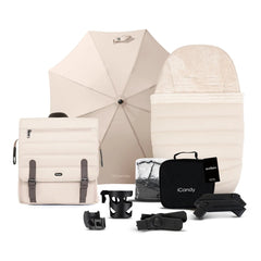 iCandy Peach 7 Pram Pushchair Complete Bundle (Biscotti) - showing the included matching accessories