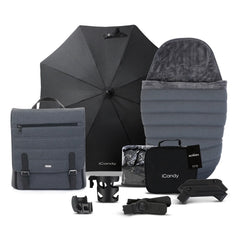 iCandy Peach 7 Pram Pushchair Complete Bundle (Truffle) - showing the included matching accessories