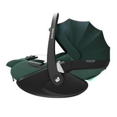 Maxi-Cosi Pebble 360 Pro (Essential Green) - side view, shown here with the protective hood raised and with seat reclined