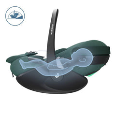 Maxi-Cosi Pebble 360 Pro (Essential Green) - side view, showing the seat in full lie-back position with an `infant`