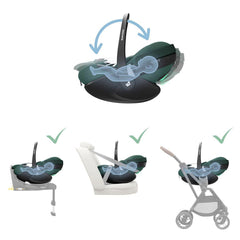 Maxi-Cosi Pebble 360 Pro (Essential Green) - side view, showing how the seat can recline when used on an ISOFIX base, using vehicle seat belt or when fixed onto a pushchair chassis (ISOFIX base and pushchair not included)