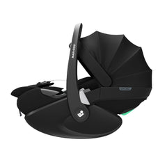 Maxi-Cosi Pebble 360 Pro (Essential Black) - side view, shown with the protective hood raised and with the seat reclined