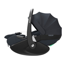 Maxi-Cosi Pebble 360 Pro (Essential Graphite) - side view, shown with the protective hood raised and with the seat reclined