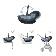 Maxi-Cosi Pebble 360 Pro (Essential Black) - side view, showing how the seat can recline when used on an ISOFIX base, using vehicle seat belt or when fixed onto a pushchair chassis (ISOFIX base and pushchair not included, available separately)