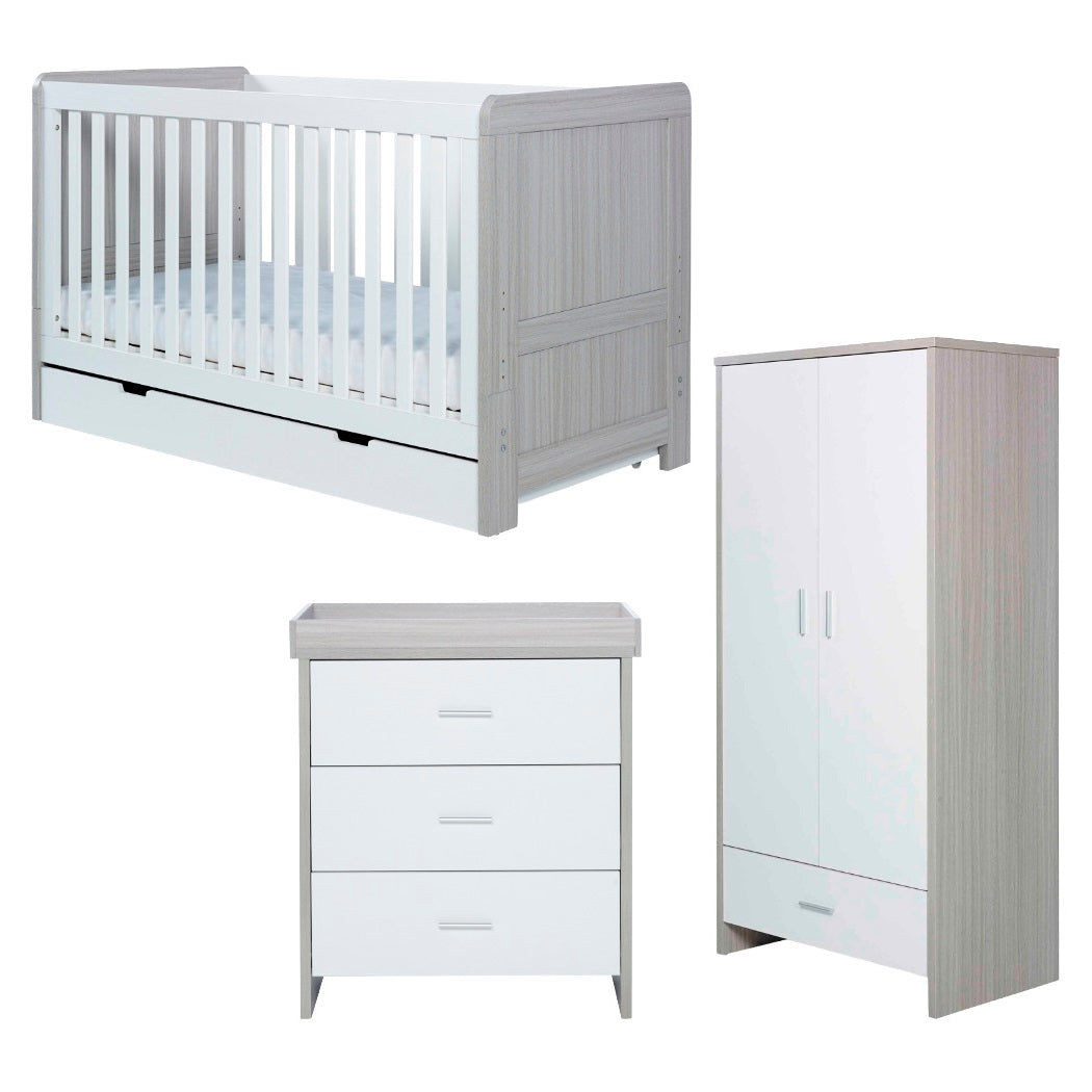 Ickle Bubba Pembrey 3 Piece Nursery Furniture Set - Cot Bed, Changer & Wardrobe - Ash Grey White