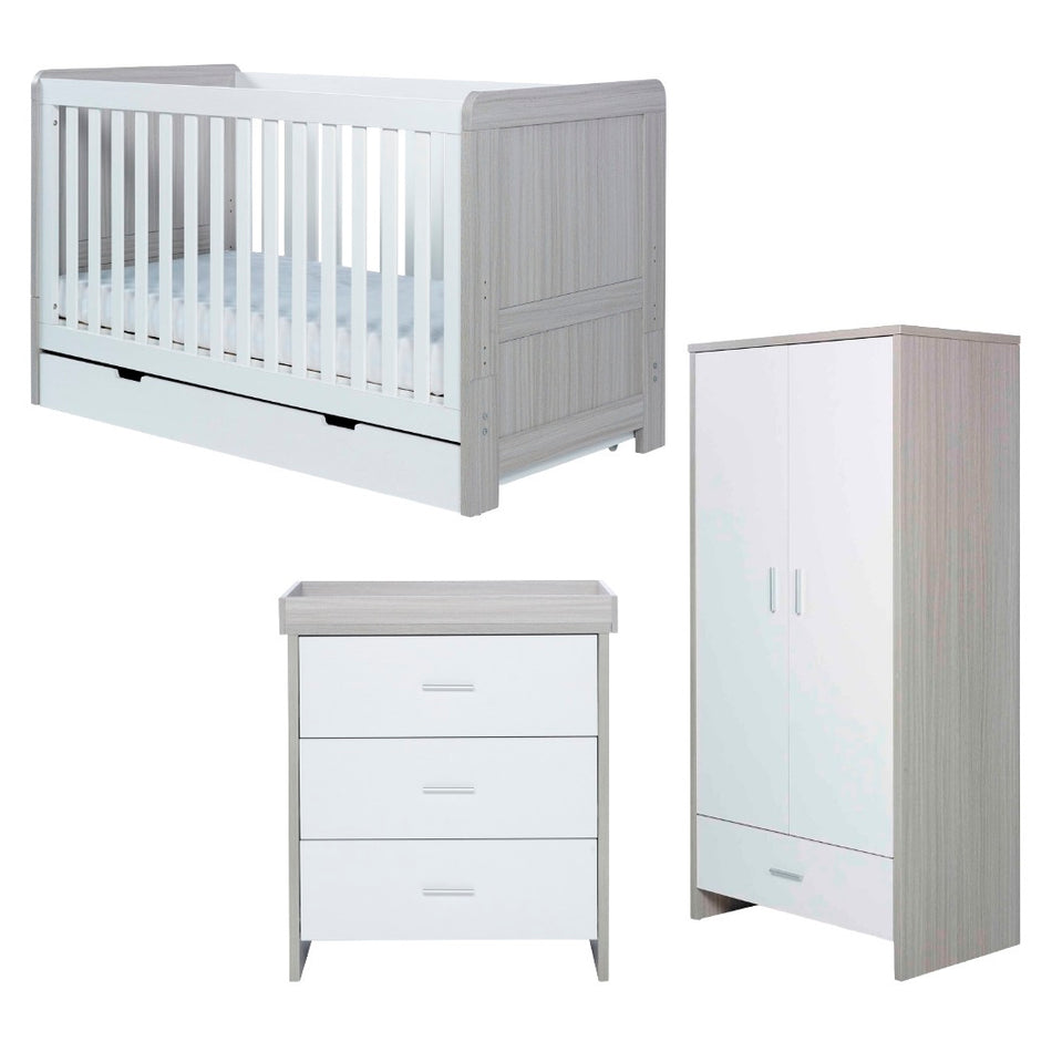 Ickle Bubba Pembrey 3 Piece Nursery Furniture Set - Cot Bed, Changer & Wardrobe - Ash Grey White