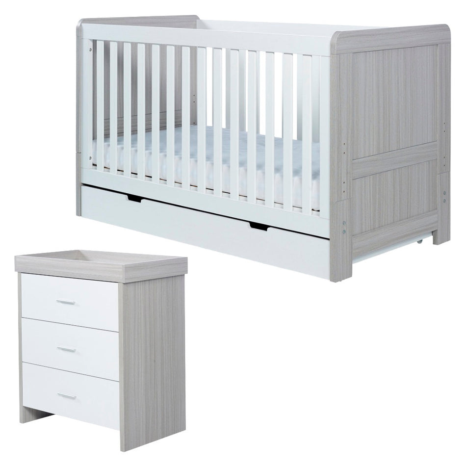 Ickle Bubba Pembrey 2 Piece Nursery Furniture Set - Cot Bed & Changing Unit - Ash Grey White