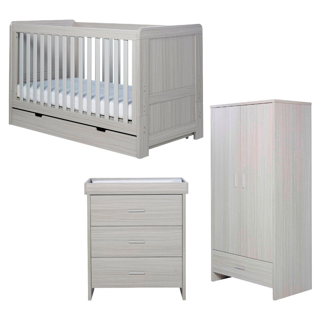 Ickle Bubba Pembrey 3 Piece Nursery Furniture Set - Cot Bed, Changer & Wardrobe - Ash Grey