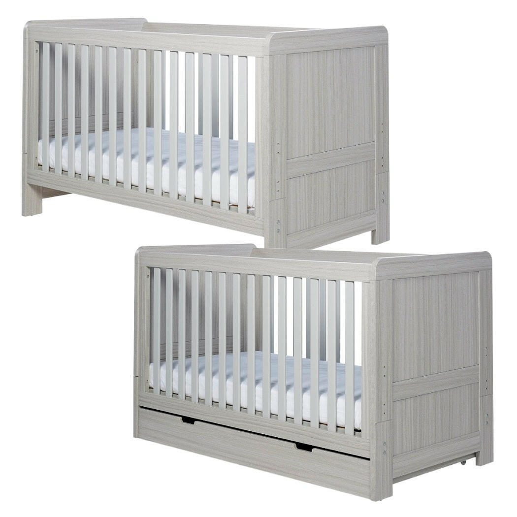 Ickle Bubba Pembrey Cot Bed - Ash Grey - quarter view, with and without under drawer
