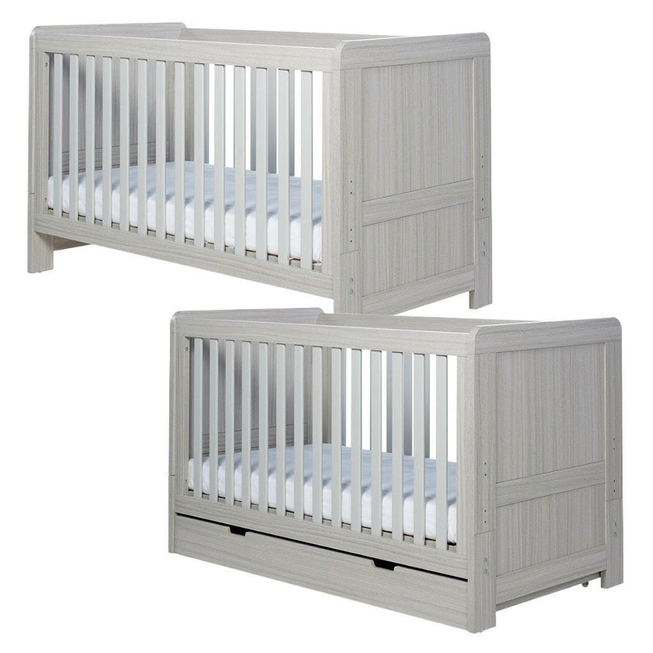 Ickle Bubba Pembrey Cot Bed - Ash Grey - quarter view, with and without under drawer