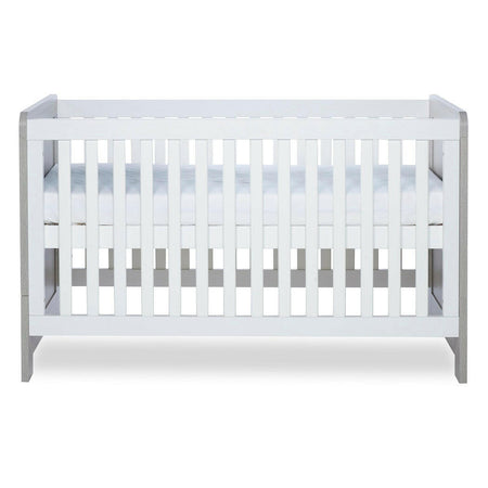 Ickle Bubba Pembrey Cot Bed - Ash Grey & White - side view, with mattress base at highest level