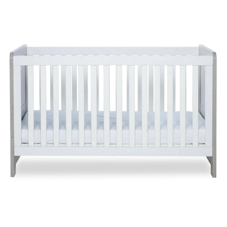 Ickle Bubba Pembrey Cot Bed - Ash Grey & White - side view, with mattress base at lowest level