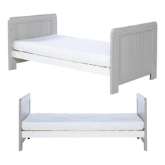 Ickle Bubba Pembrey Cot Bed - Ash Grey & White - front and side views, toddler/junior bed