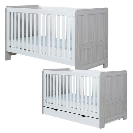 Ickle Bubba Pembrey Cot Bed - Ash Grey & White - quarter view, with and without under drawer