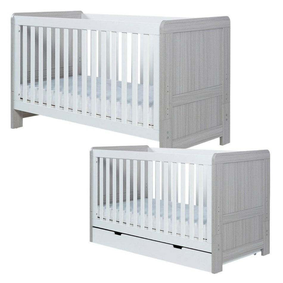 Ickle Bubba Pembrey Cot Bed - Ash Grey & White - quarter view, with and without under drawer
