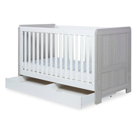 Ickle Bubba Pembrey Cot Bed & Drawer - Ash Grey & White - quarter view, with under drawer pulled out